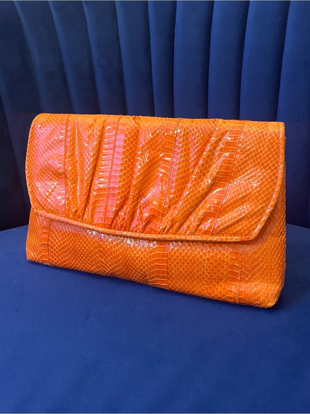 Vintage Genuine Snakeskin Bag - Bright Orange Exotic Leather Clutch - Y2K - Picture 6 of 13
